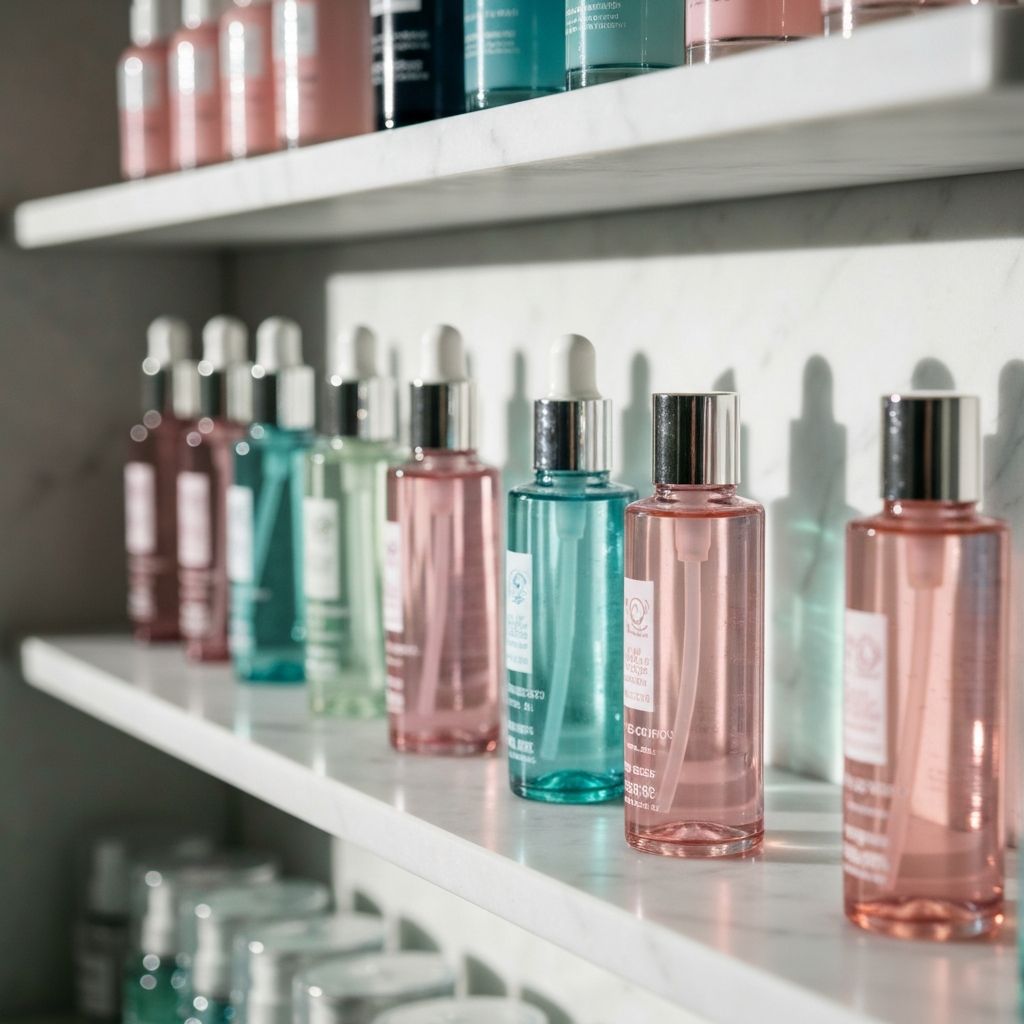 Productos de skincare organizado en estante de mármol blanco