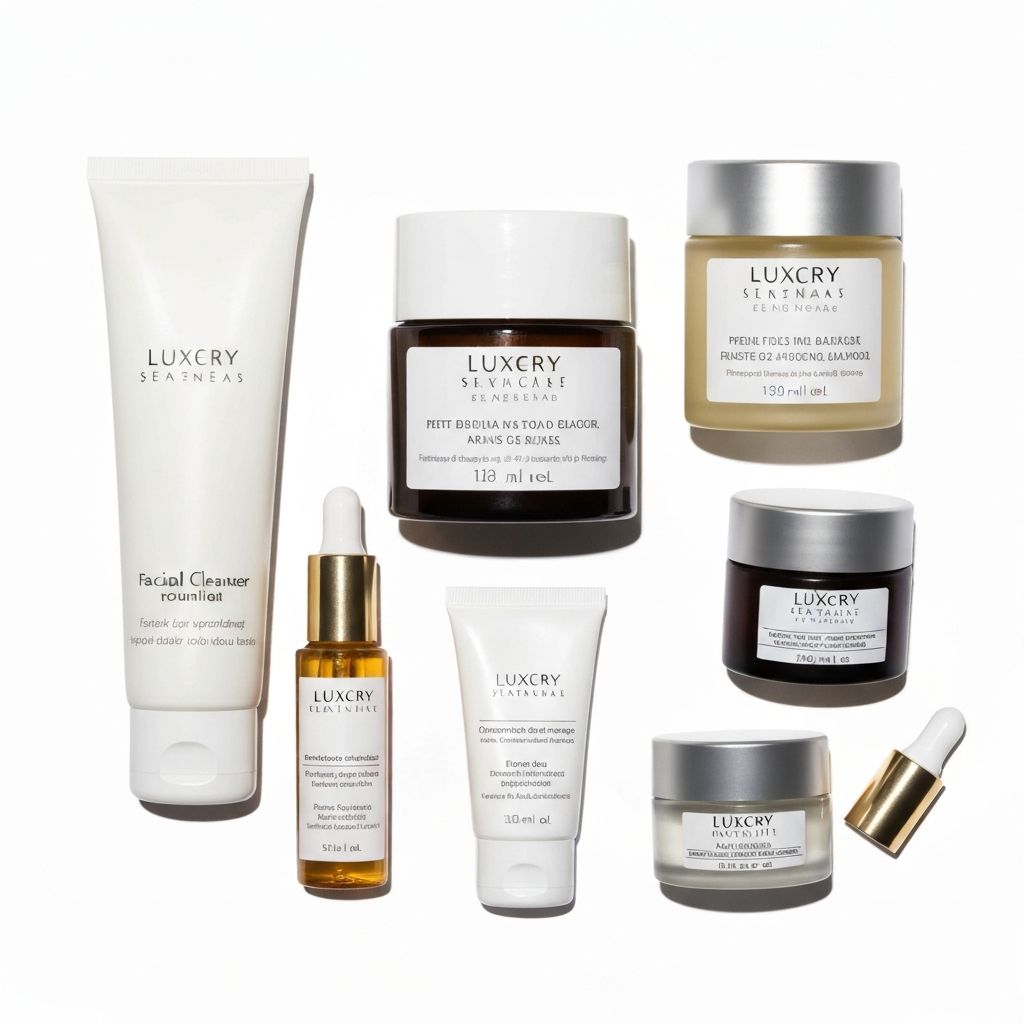 Múltiples tarros y botellas de cosméticos premium disposición artística