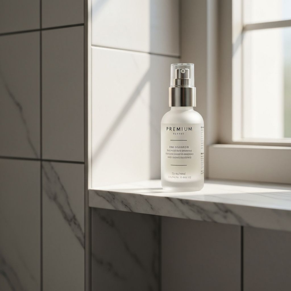 Producto de cuidado facial en botella de vidrio sobre mármol