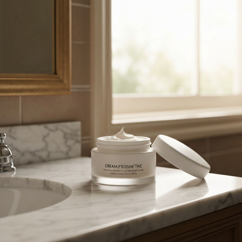 Tarro de crema facial de cerámica blanca en vanidad